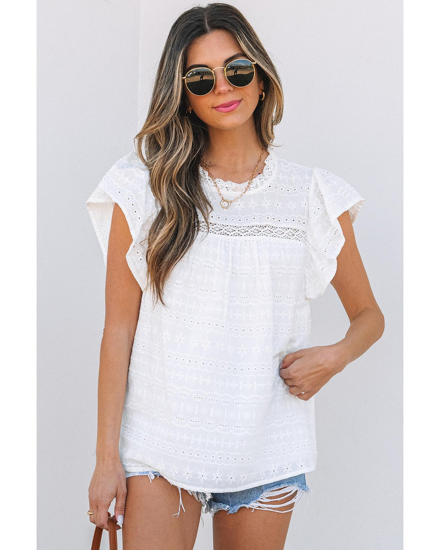 White Lace Neckline Flutter Sleeve Eyelets Blouse - 2XL