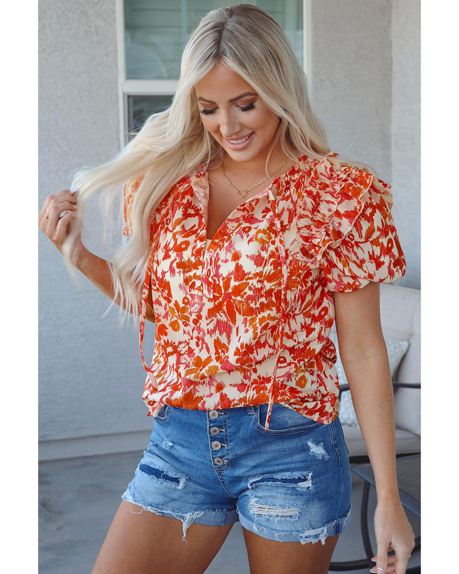 Orange Floral Print Ruffled Short Puff Sleeve Split Neck Blouse - M