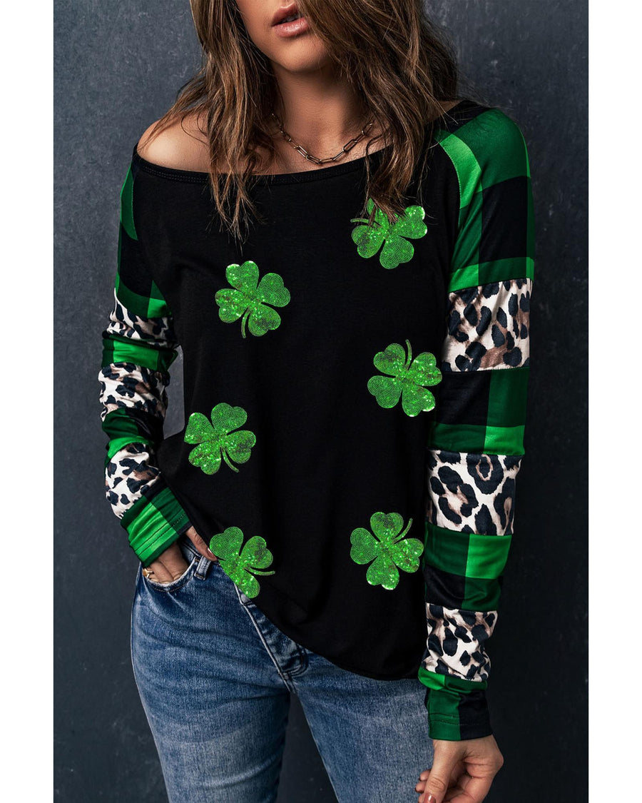 Green Sequin Clover Patch Graphic Plaid&Leopard Sleeve Top - 2XL