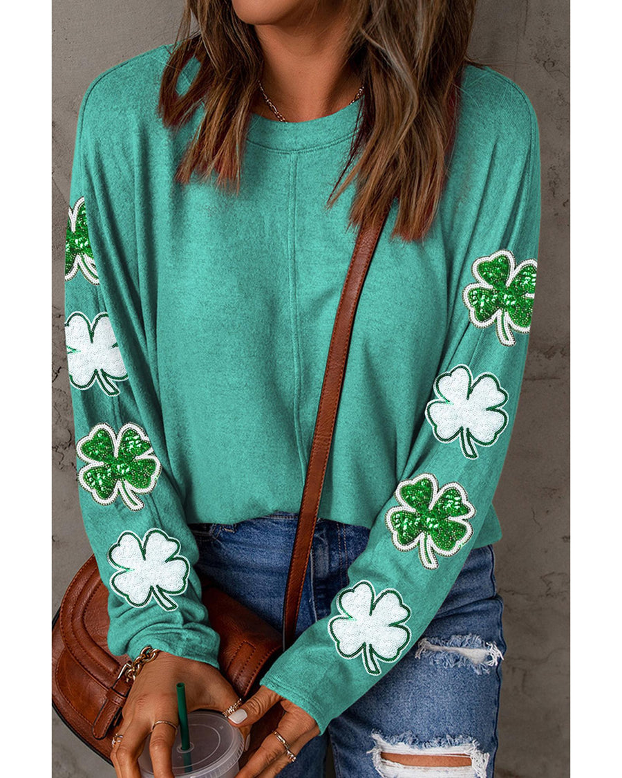 Green Sequined St Patrick Clover Patched Long Sleeve Top - L