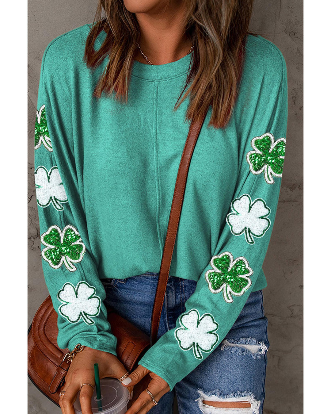 Green Sequined St Patrick Clover Patched Long Sleeve Top - XL