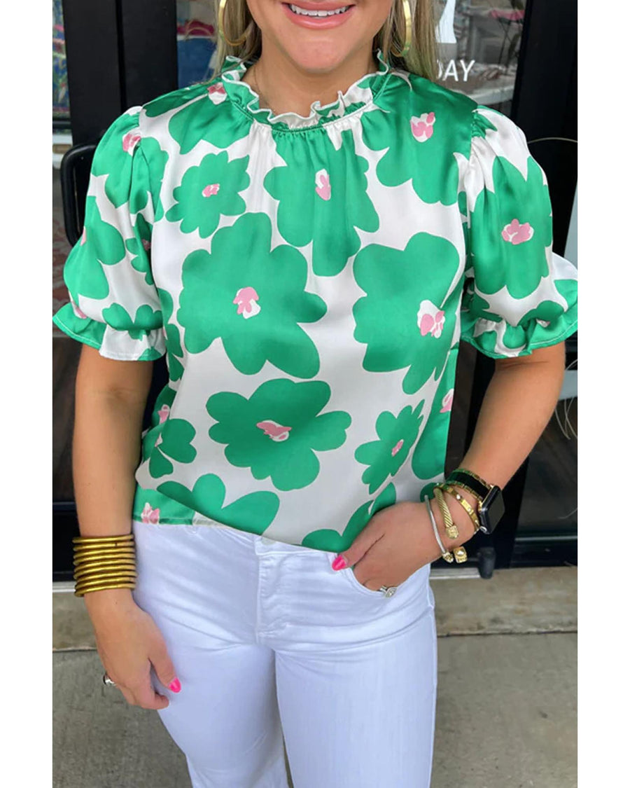Green Floral Puff Sleeve Frill Neckline Blouse - L