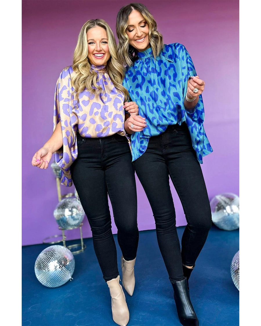 Blue Animal Printed Mock Neck Detail Caftan Top - M