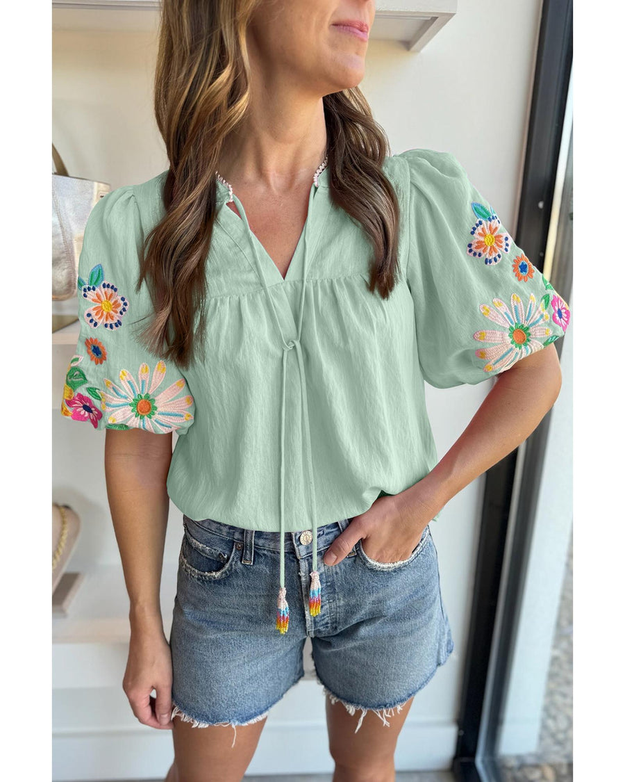 Clearly Aqua Floral Embroidered Puff Sleeve Split Neck Blouse - S