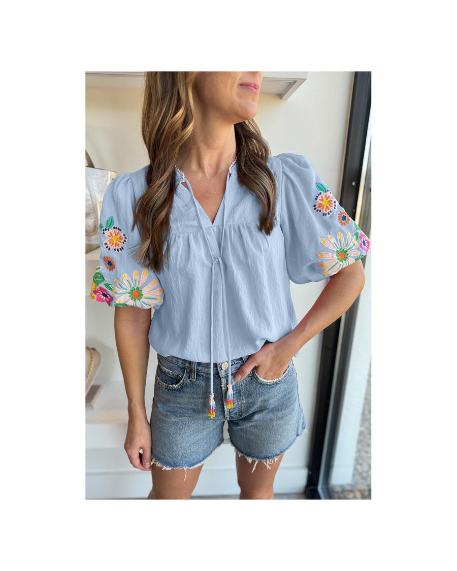 Beau Blue Floral Embroidered Puff Sleeve Split Neck Blouse - S