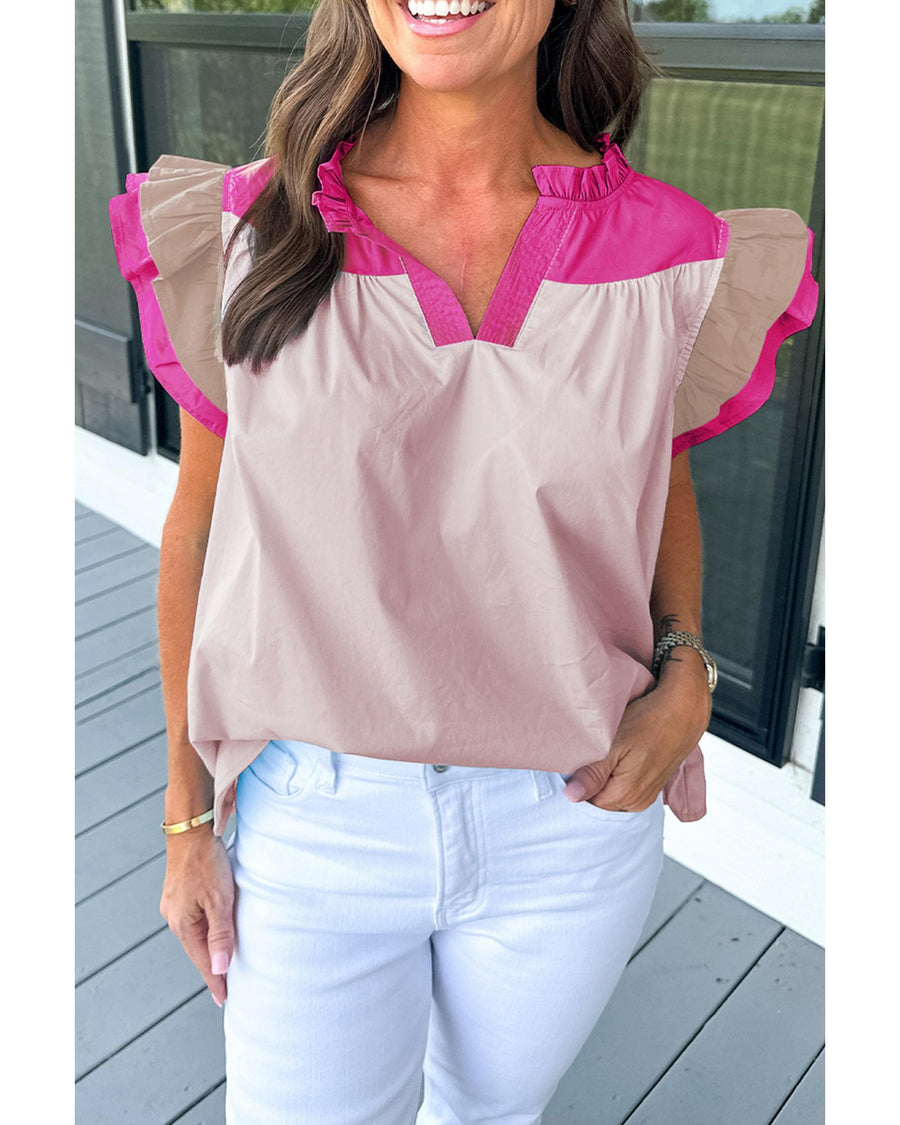 Pink Colorblock Ruffled Sleeve Frill V Neck Blouse - L