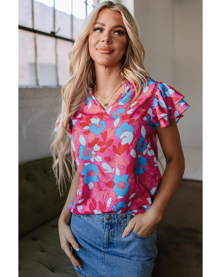 Rose Red Ruffled Sleeve Floral Blouse - XL