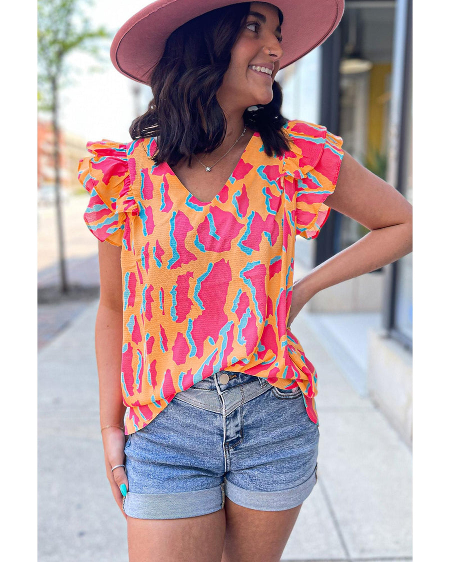 Orange Abstract Print V Neck Ruffled Sleeve Blouse - XL