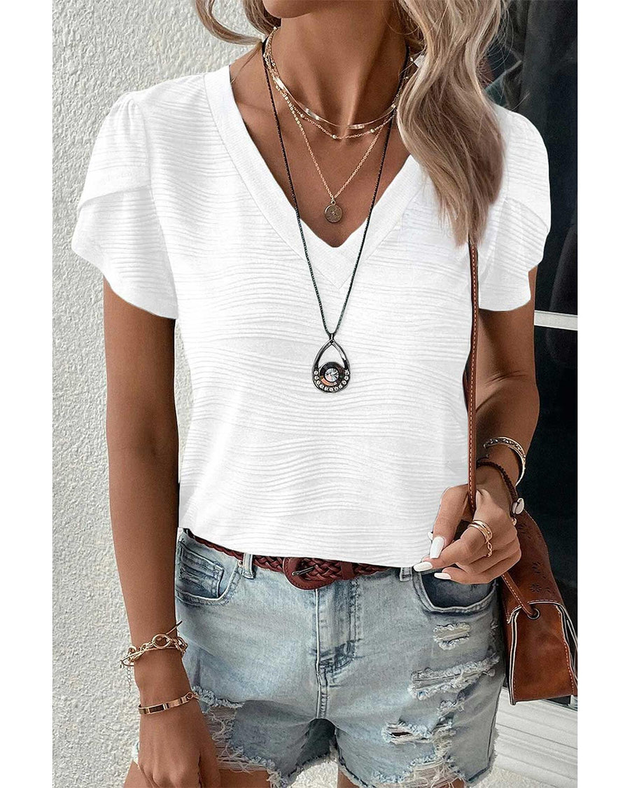 White Solid Color Textured V Neck Short Sleeve Top - S