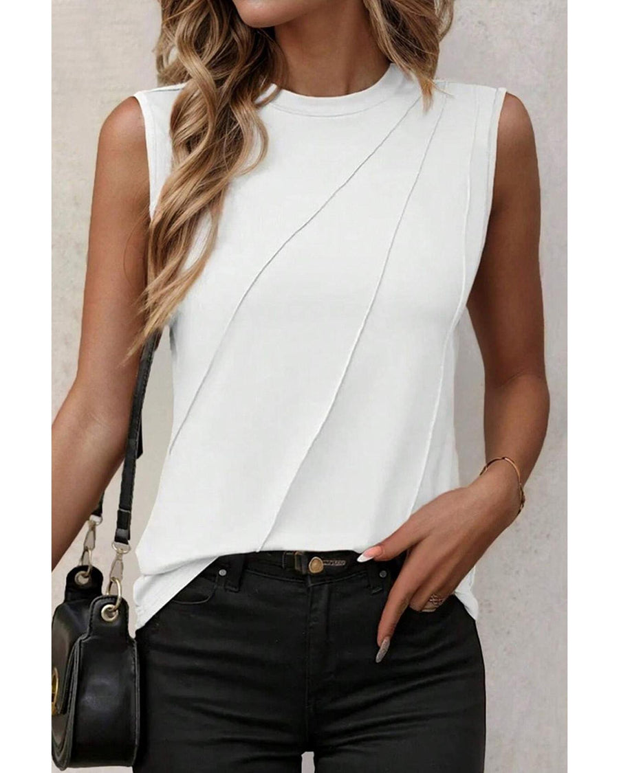 White Crew Neck Pleated Tank Top - S