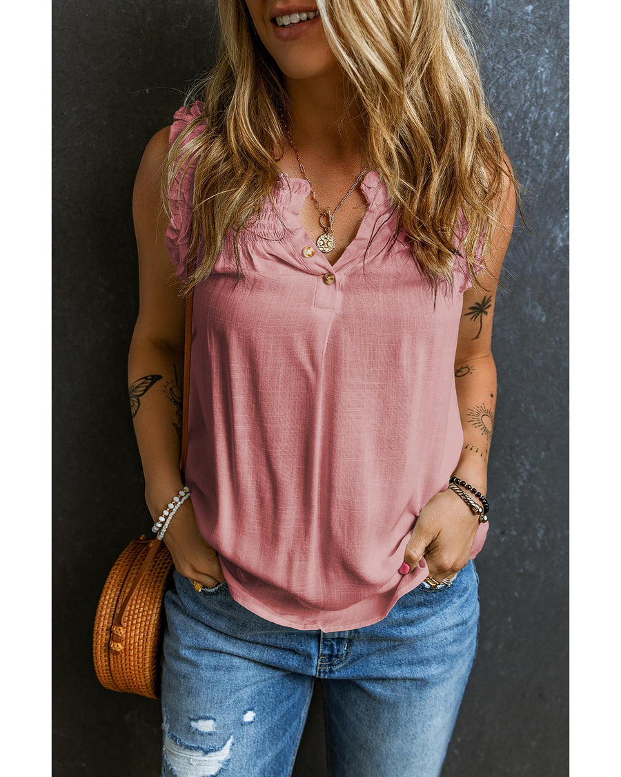Pink Button Split Neck Ruffled Trim Tank Top - XL