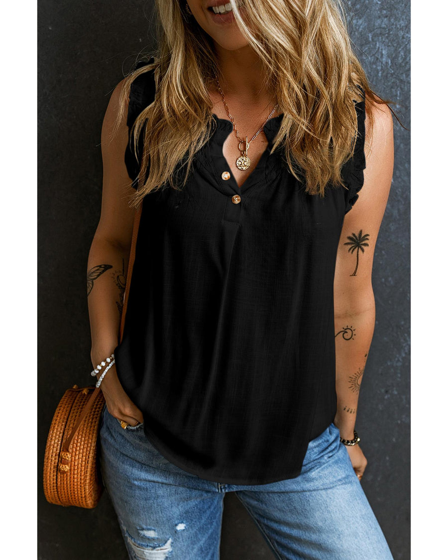Black Button Split Neck Ruffled Trim Tank Top - S