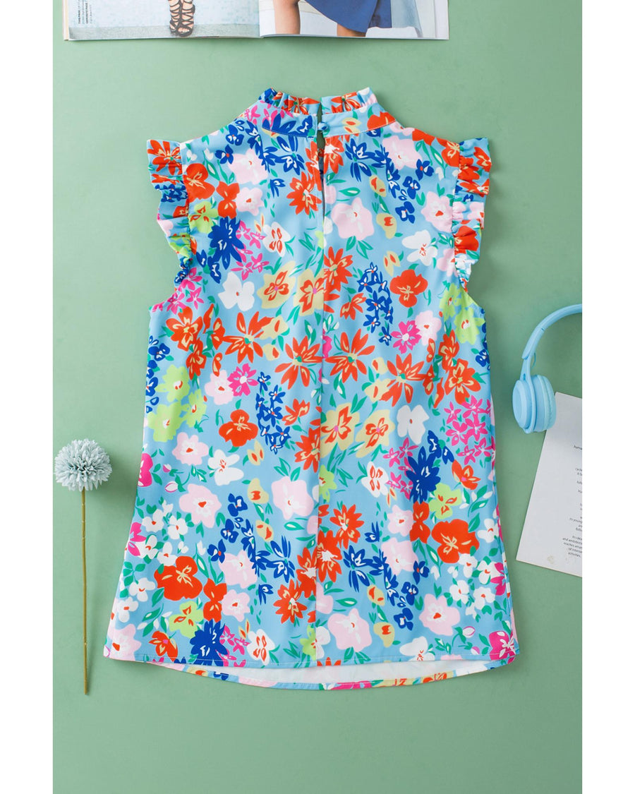 Sky Blue Frilled Collar Floral Vest - L