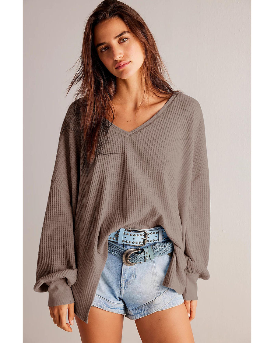 Coffee Waffle V Neck Long Sleeve Drop Shoulder Loose Blouse - 2XL