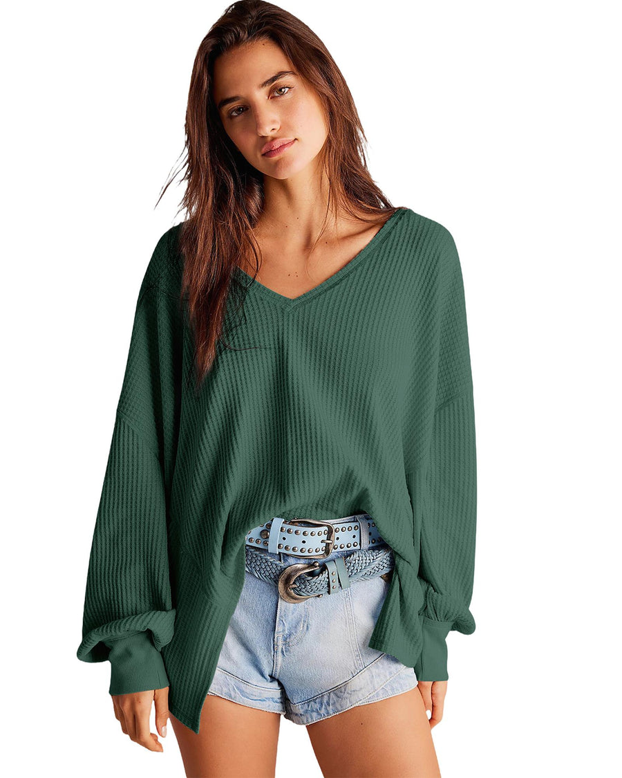 Blackish Green Waffle V Neck Long Sleeve Drop Shoulder Loose Blouse - M