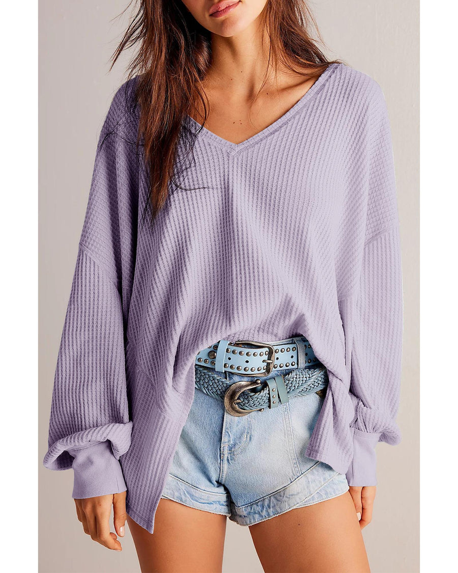 Orchid Petal Waffle V Neck Long Sleeve Drop Shoulder Loose Blouse - L