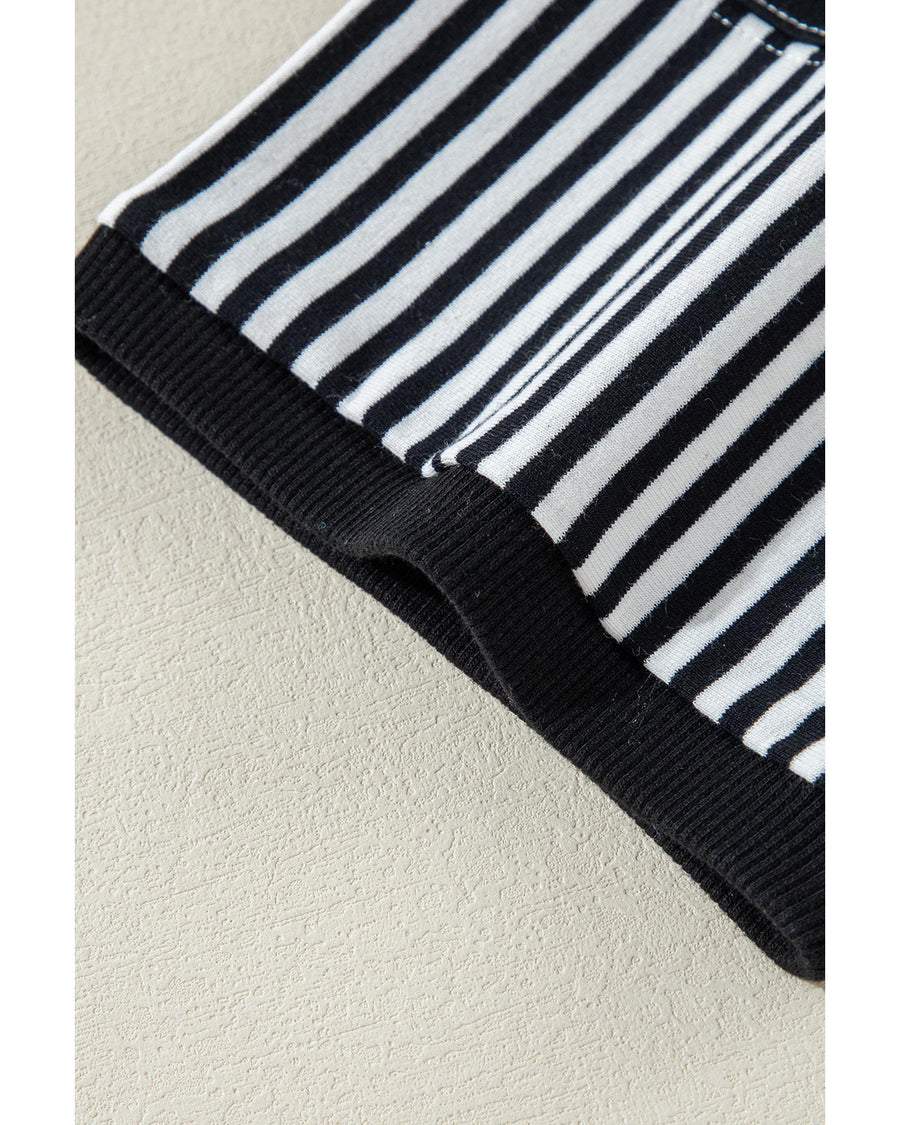 Black White Striped Patchwork 3/4 Sleeve Oversize Top - M