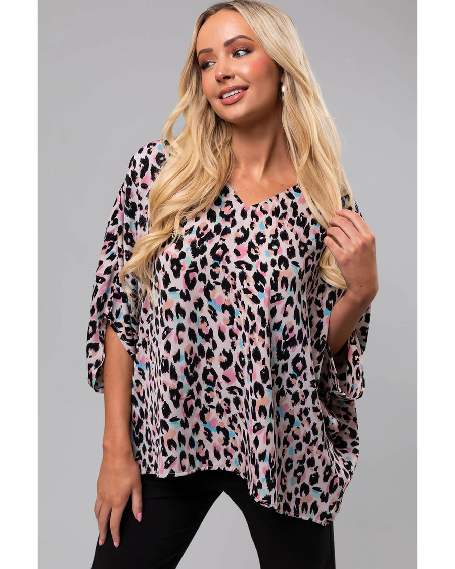 Pink Multicolor Leopard Print V Neck Oversized Blouse - S