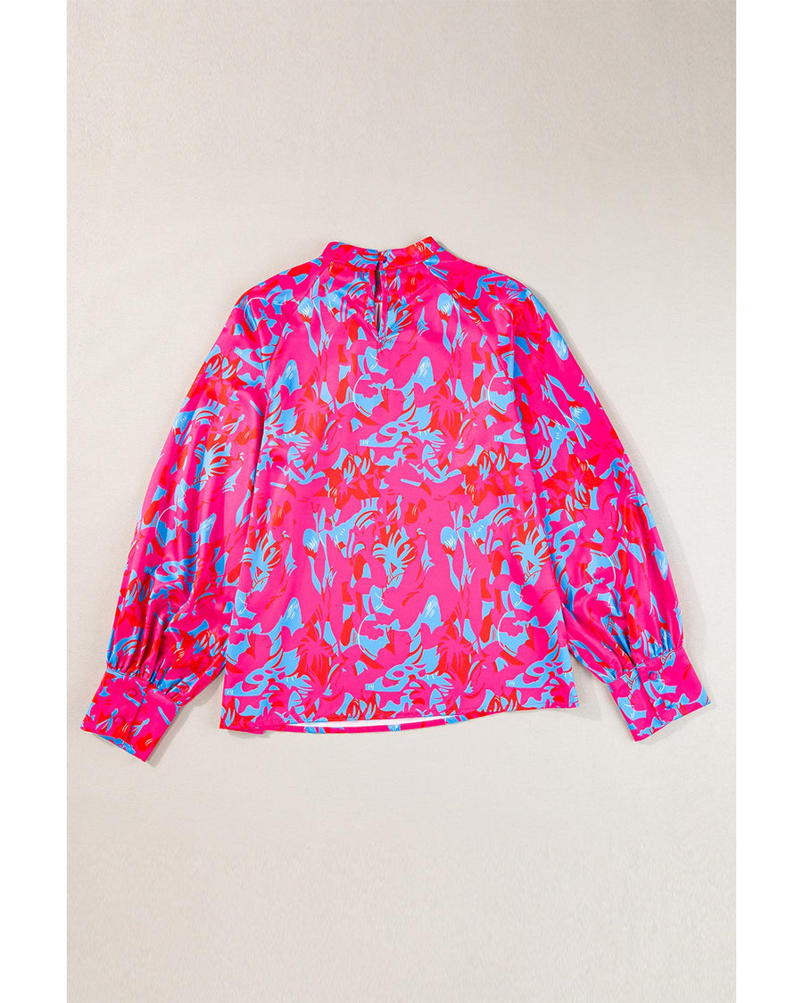 Purple Printed Bubble Sleeve Mock Neck Blouse - XL