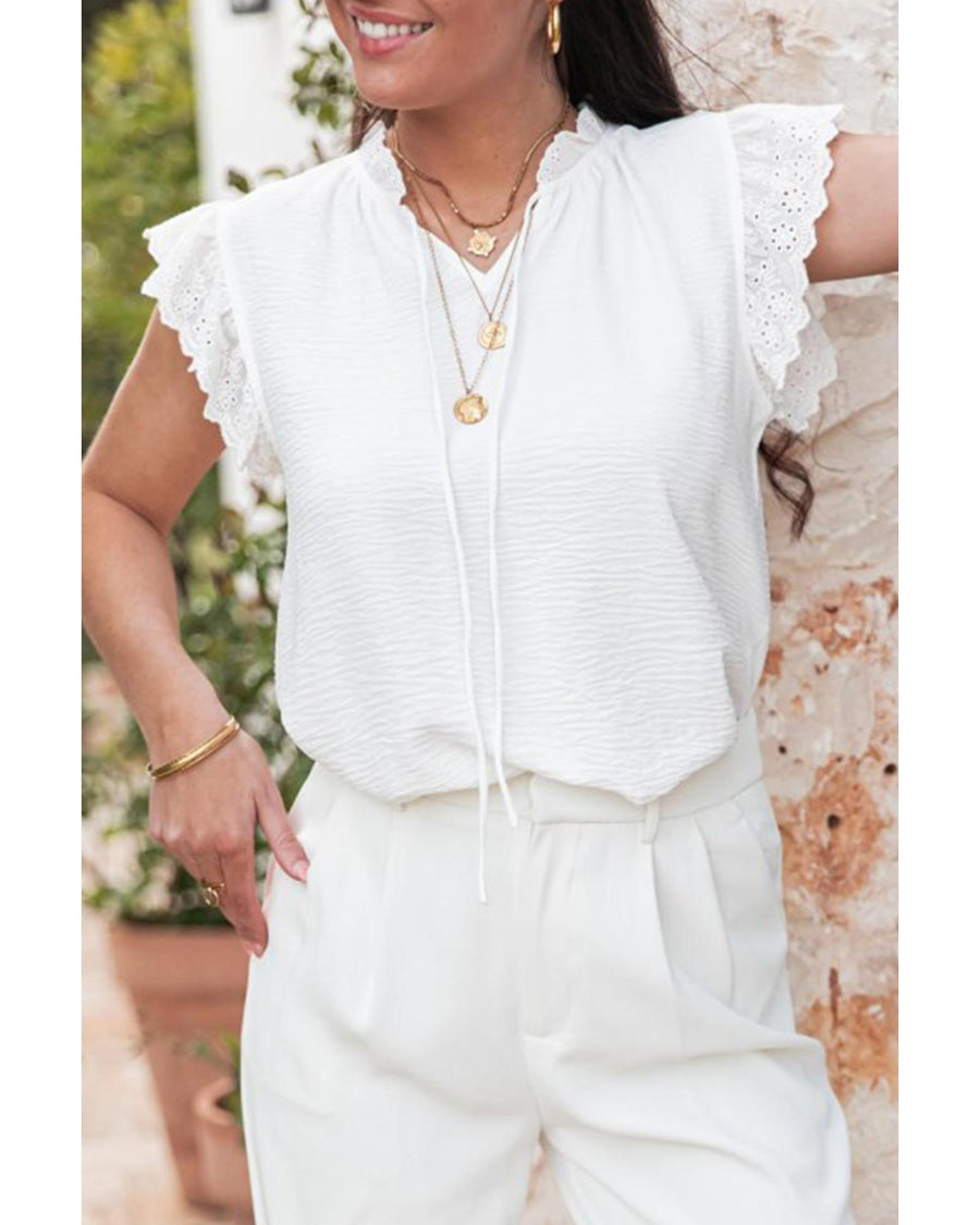 White Embroidered Ruffle Trim Textured Blouse - L