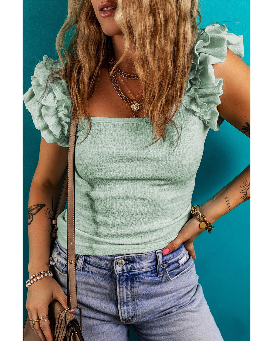 Clearly Aqua Ruffle Strap Crinkle Textured Tank Top - L