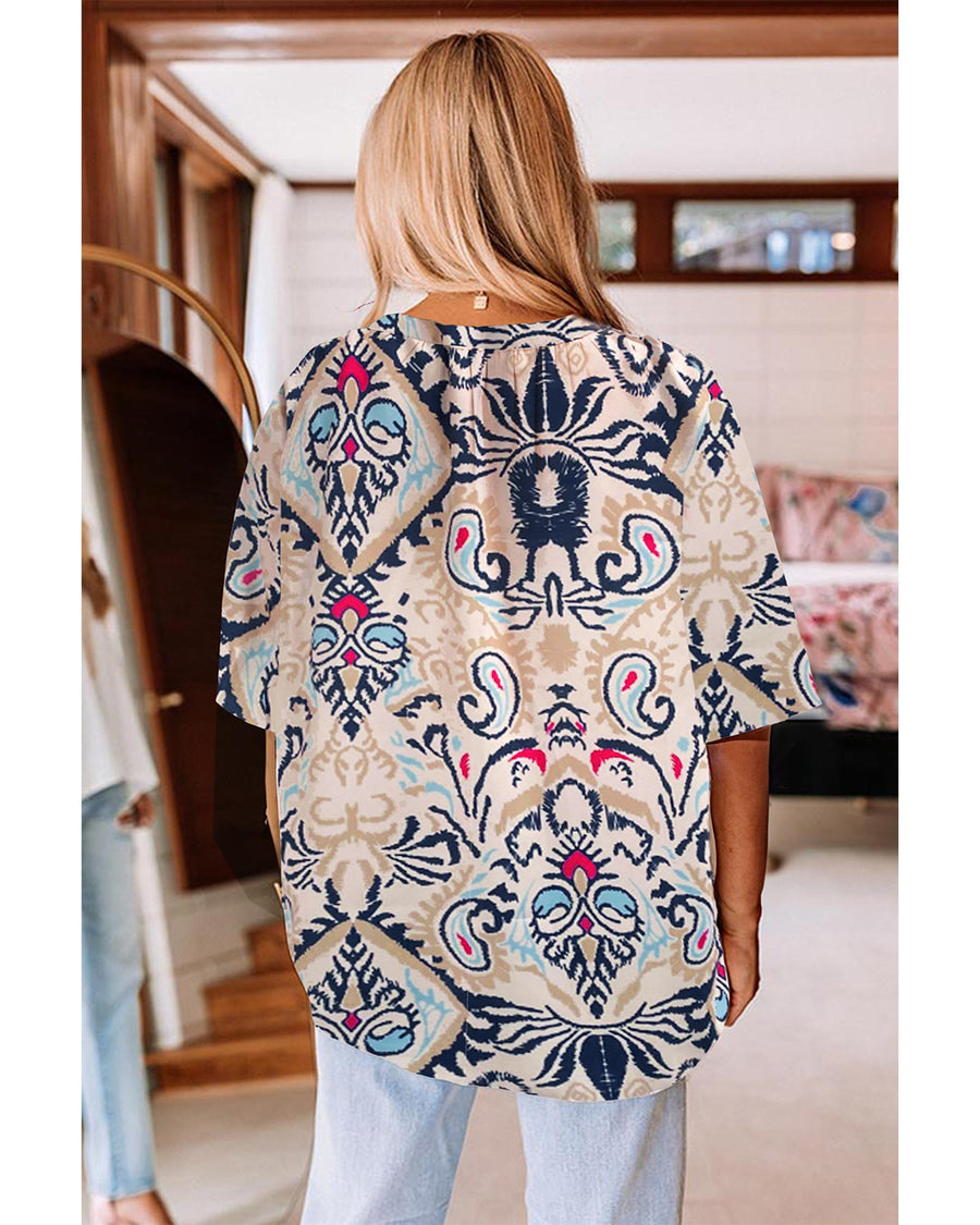 White Abstract Printed Notched V Neck Split Half Sleeve Blouse - L