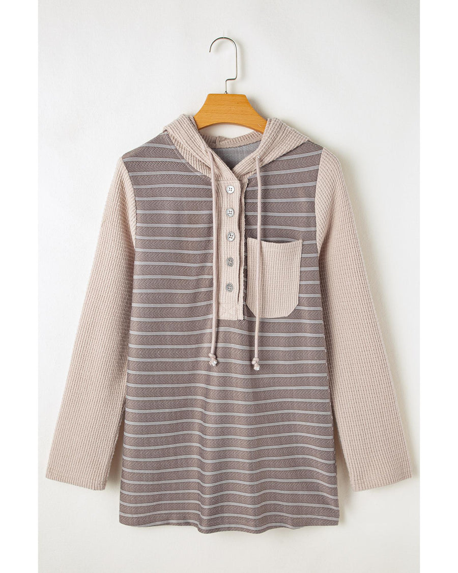 Gray Textured Knit Colorblock Striped Henley Hooded Top - S