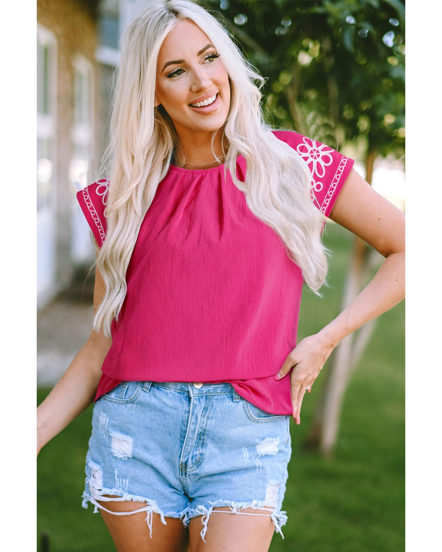 Sachet Pink Floral Embroidered Flutter Sleeve Pleated Neck Blouse - L