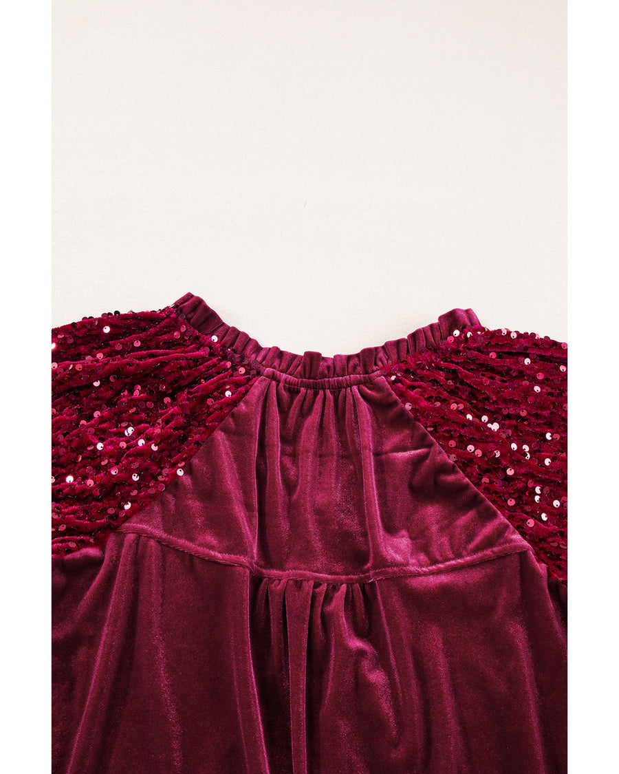 Red Dahlia Sequin Patchwork Sleeve Button Up Velvet Top - S