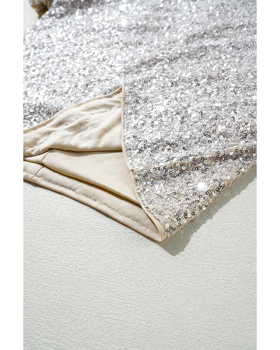 Silvery Sequin Puff Sleeve Cutout Back Blouse - M