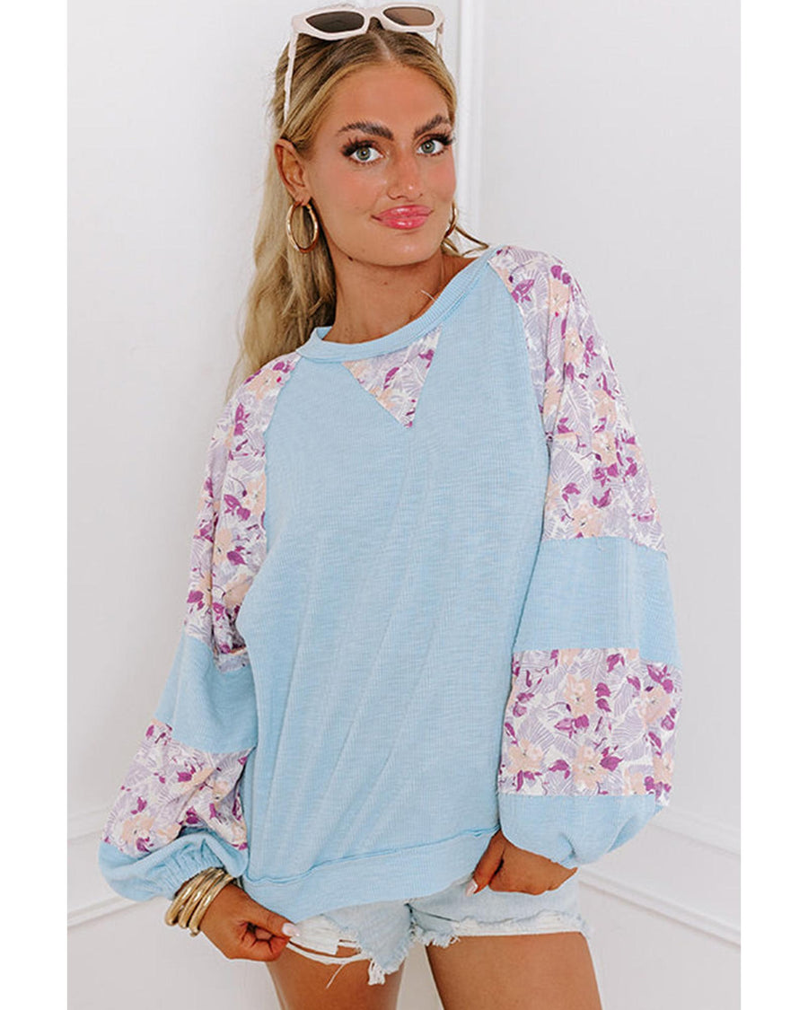 Beau Blue Textured Floral Patchwork Balloon Sleeve Blouse - XL