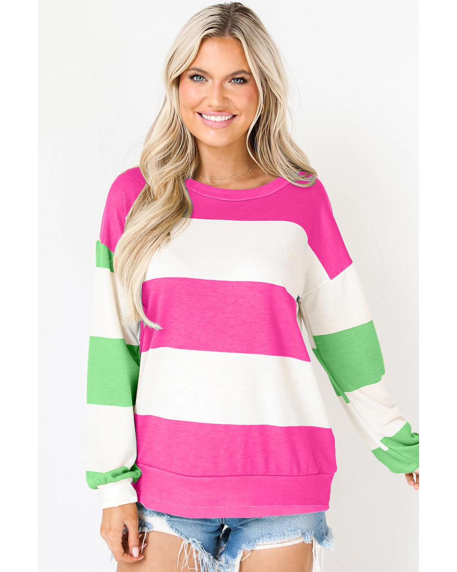 Rose Red Colorblock Striped Drop Shoulder Long Sleeve Top - XL