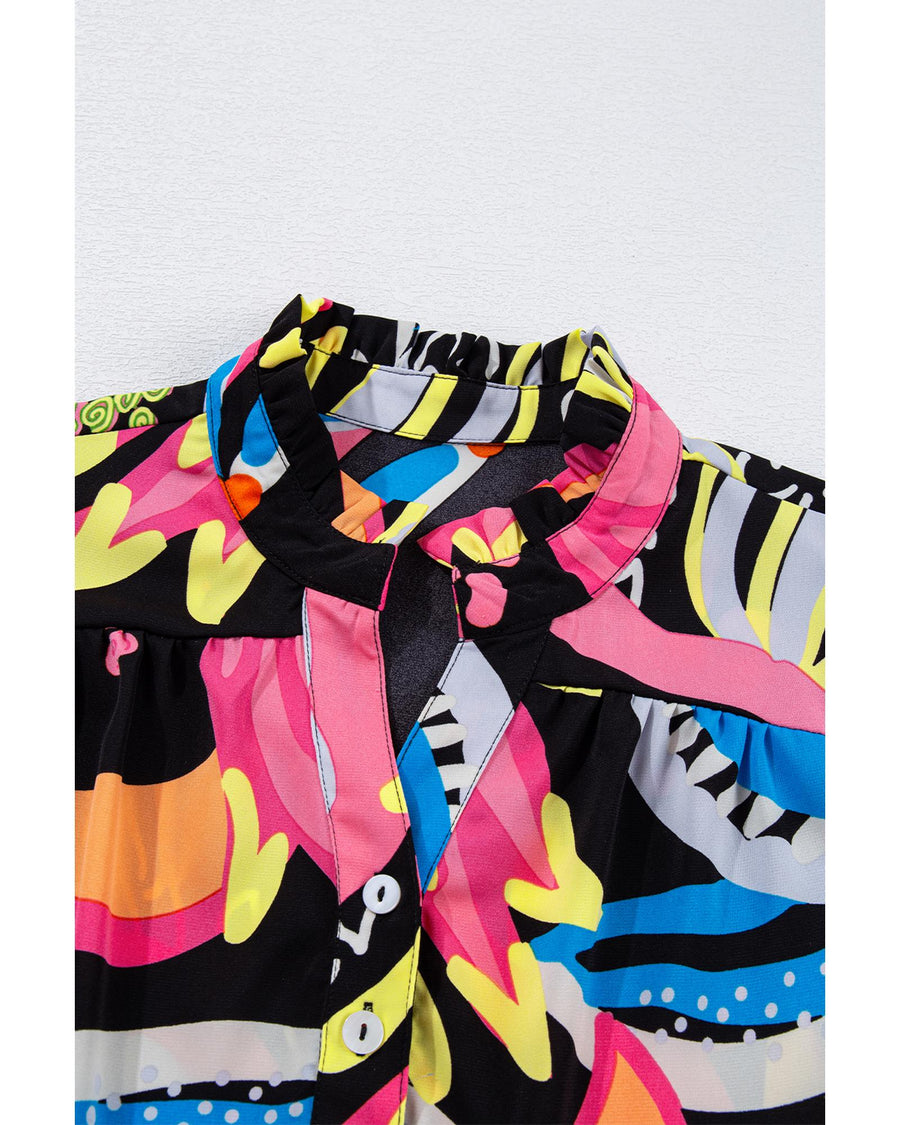 Black Abstract Print Ruffled Sleeve Buttoned V Neck Blouse - XL