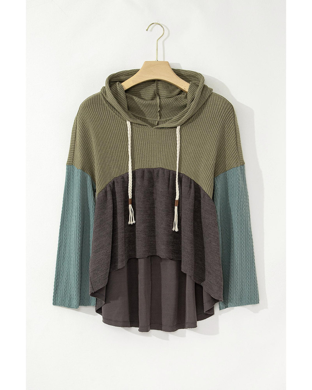 Laurel Green Mixed Textured Colorblock Patchwork Wide Sleeve Frayed High Low Hooded Top - M