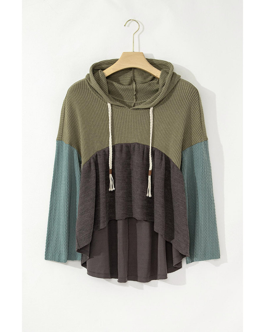 Laurel Green Mixed Textured Colorblock Patchwork Wide Sleeve Frayed High Low Hooded Top - M