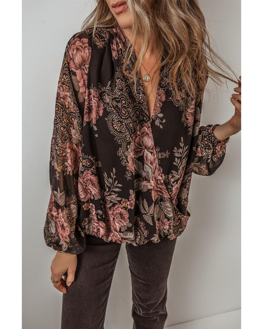Black Floral Print Criss Cross V Neck Balloon Sleeve Blouse - L