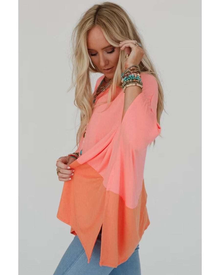 Grapefruit Orange Contrast Color Patchwork Oversized Side Split Top - L