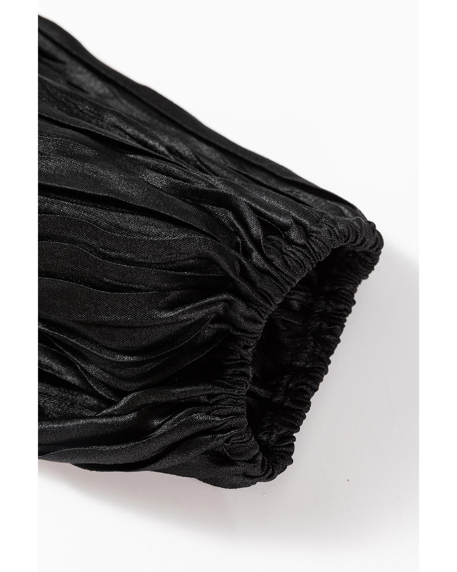 Black Textured Bubble Sleeve V Neck Loose Blouse - XL