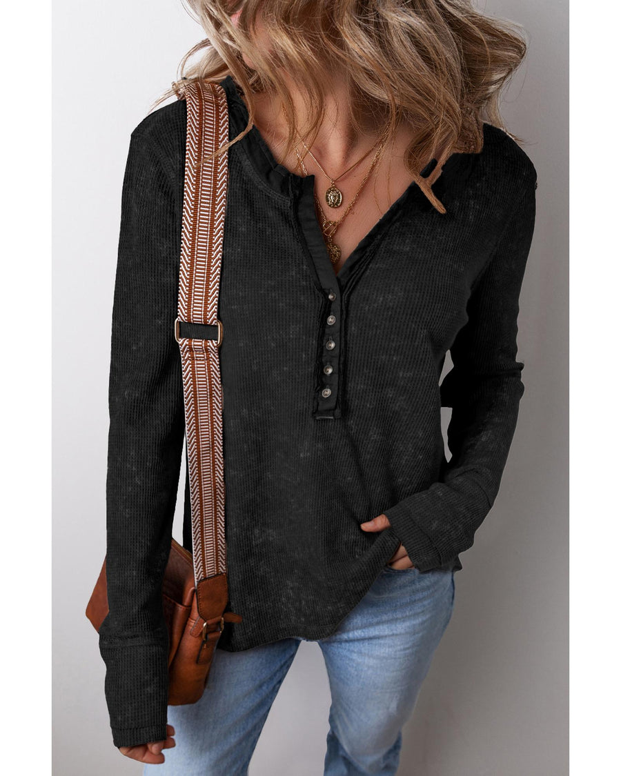 Black Acid Wash Waffle Knit Buttoned Neckline Long Sleeve Top - XL