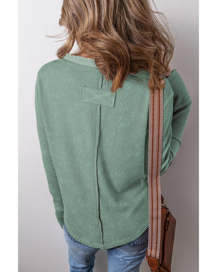 Smoke Green Acid Wash Waffle Knit Buttoned Neckline Long Sleeve Top - L