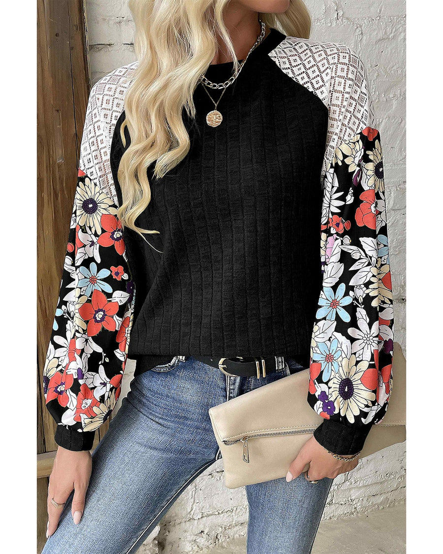 Black Floral Patchwork Long Sleeve Ribbed Blouse - 2XL