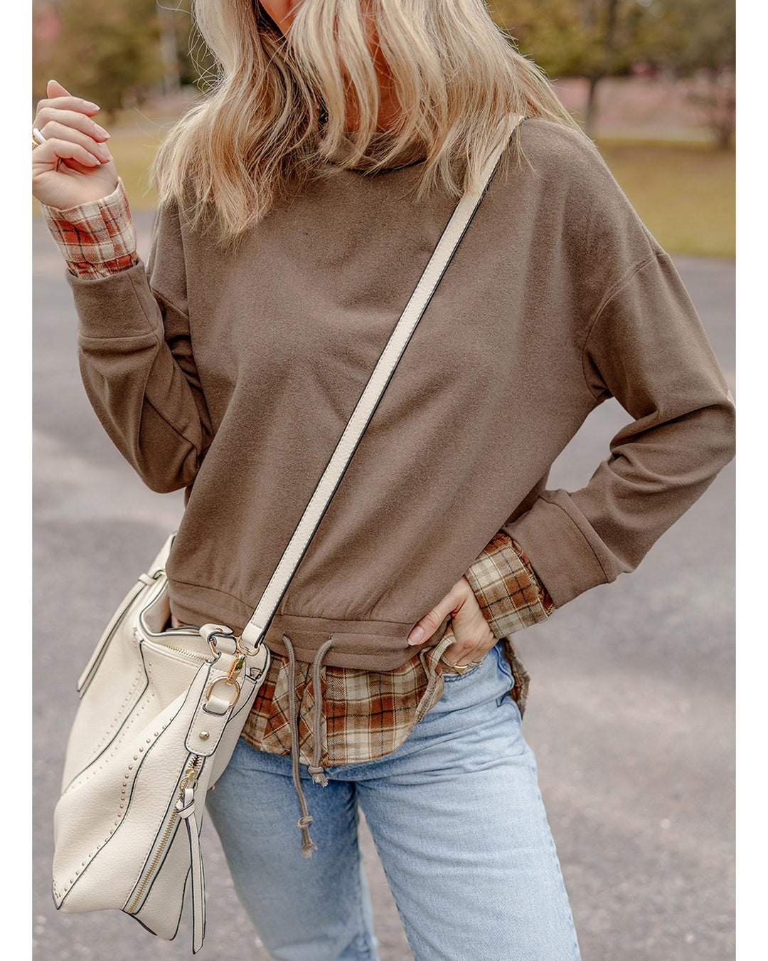 Breen Plaid Patchwork Knotted Hem High Neck Blouse - M