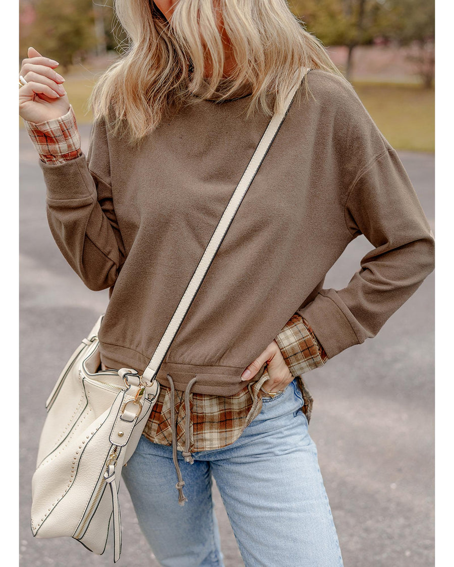Breen Plaid Patchwork Knotted Hem High Neck Blouse - M