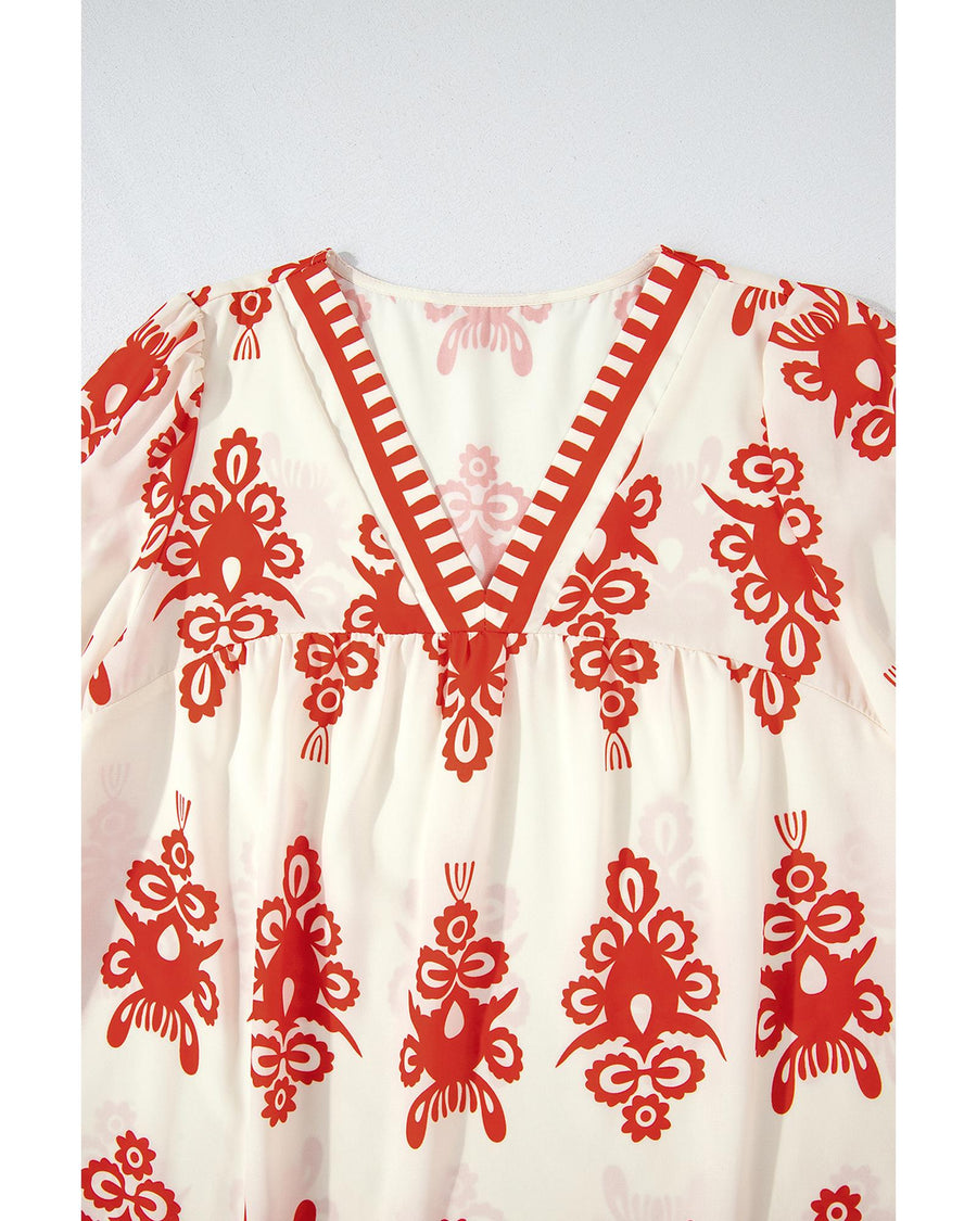 Orange Vintage Geometric Printed 3/4 Sleeve V Neck Blouse - M
