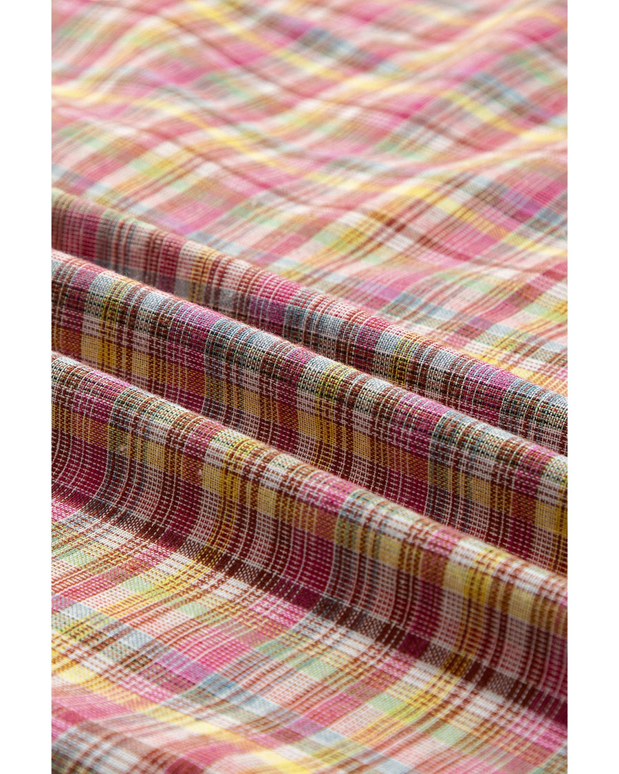 Pink Colorblock Plaid Patchwork Henley Blouse - XL