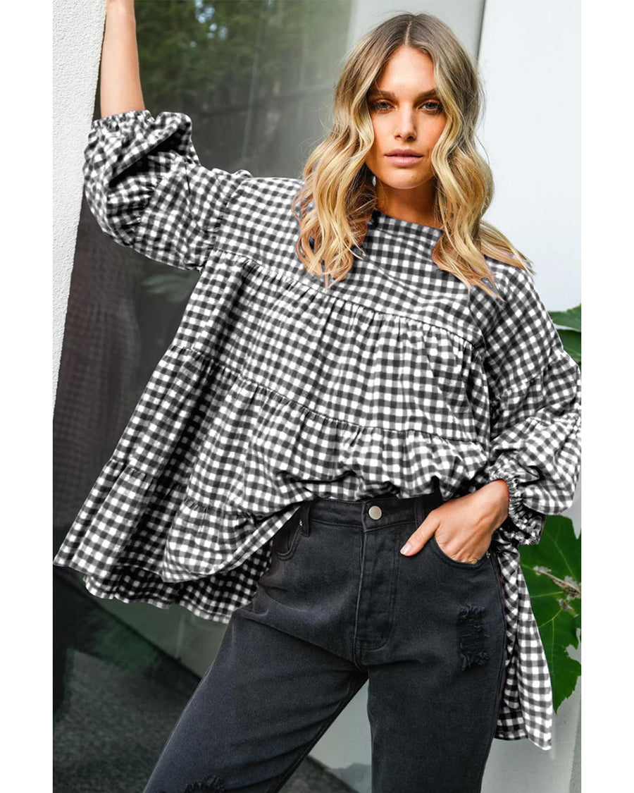 Black Checkered Puff Sleeve Tiered Loose Babydoll Blouse - M