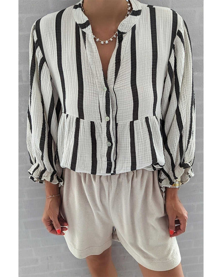 Black Stripe Crinckled Ruffled Sleeve Button up Loose Shirt - XL