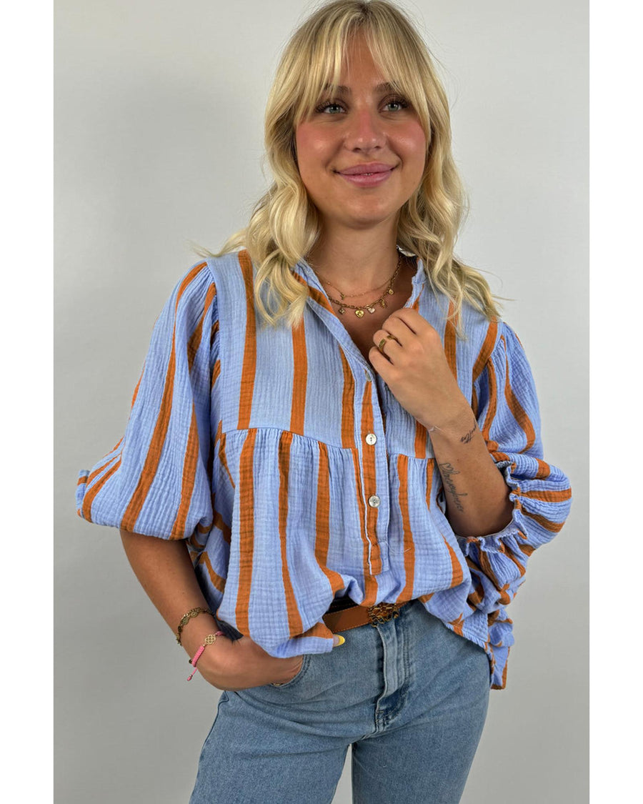 Sky Blue Stripe Crinckled Ruffled Sleeve Button up Loose Shirt - L