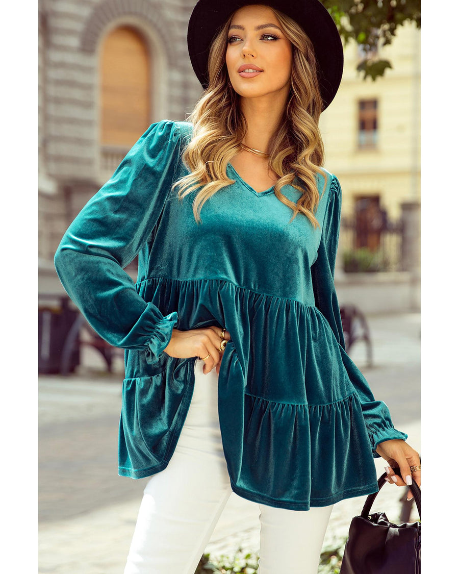 Sea Green Velvet V Neck Peplum Hem Puff Sleeve Blouse - XL