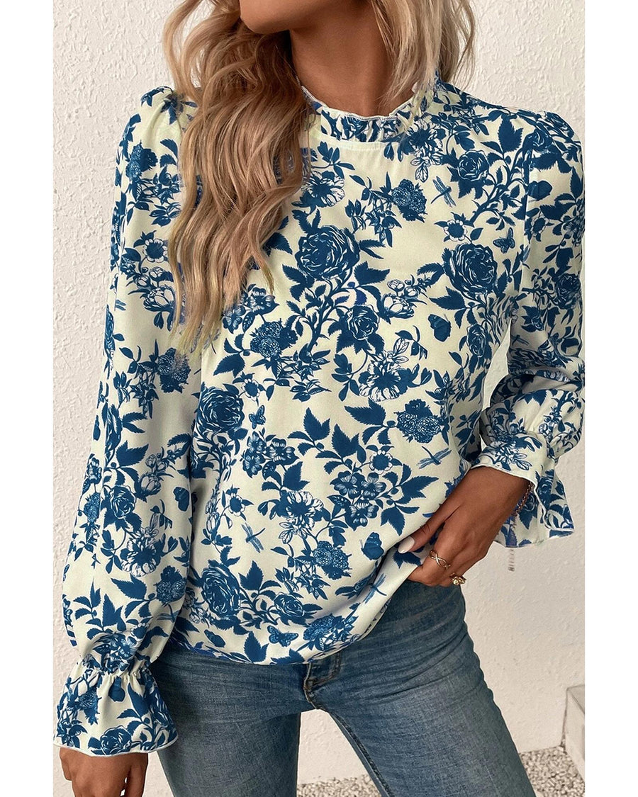 Sky Blue Floral Print Flounce Sleeve Keyhole Back Blouse - S